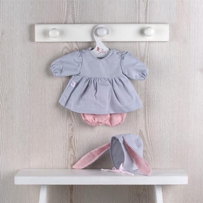 Asi poppenkleding - Scandinavisch design grijs/roze met konijnenoren outfit.