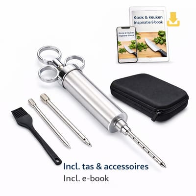 BooGoo® RVS Marinade Spuit Set – Incl. Opbergtas & 3 Naalden – BBQ Vlees Injector – Marinade Injectiespuit – Inclusief E-book