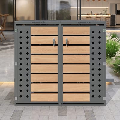 REDOM Afvalcontainerberging Met Klapdeksel - 2 Vakken - Afsluitbare Deuren - Verzinkt Staal - Grijs Met Houtlook