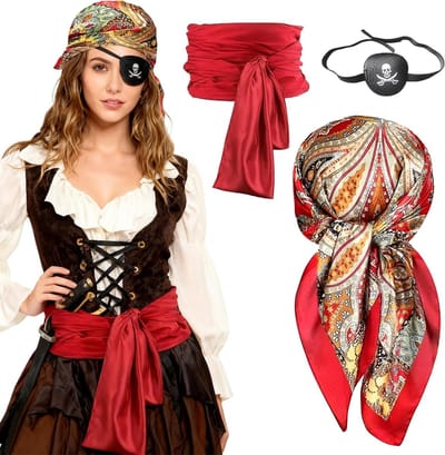 Drie Piraten Kostuumaccessoires voor Mannen en Vrouwen - Piratenooglapjes, Hoofddoek en Sjerp voor Carnaval, Halloween en Cosplay Feestjes