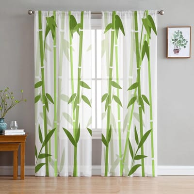 Bamboe Illustratie Eenvoudige Tule Gordijnen voor Woonkamer Slaapkamer Modern Voile Gordijn Keuken Chiffon Transparante Gordijnen 135W x 114H(cm) white