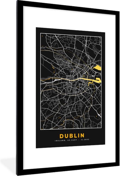 Fotolijst incl. Poster - Dublin - Goud - Plattegrond - Stadskaart - Kaart - 80x120 cm - Posterlijst