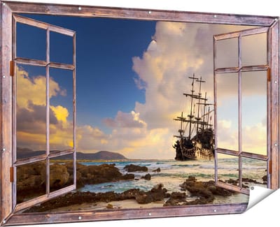Gards Tuinposter Doorkijk Piratenschip aan de Kust bij Zonsondergang - 180x120 cm - Tuindoek - Tuindecoratie - Wanddecoratie buiten - Tuinschilderij