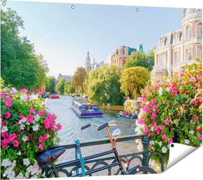 Gards Tuinposter Amsterdamse Kanaal met Bloemen - 120x90 cm - Tuindoek - Tuindecoratie - Wanddecoratie buiten - Tuinschilderij