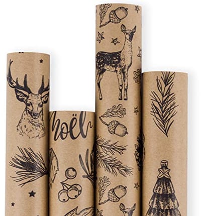 Kerst Inpakpapier Roll - Bruin Kraftpapier met Zwarte Kerst Elementen - 4 Rollen - 76cm X 305cm