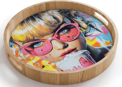 Dienblad rond 40x40 cm - Schootdienblad hout - Expressief - Milkshake - Vrouw - Felle kleuren - Borrelplank rechthoek - Plateau houten dienbladen