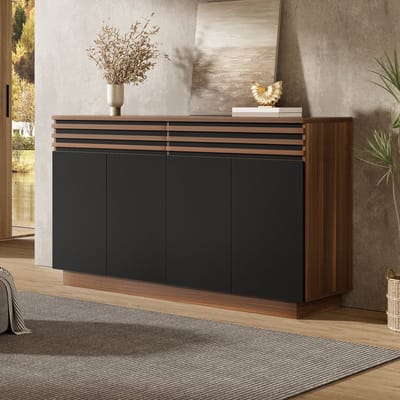 Dressoir - 150 x 40 x 85 cm - 2 Laden en 4 Deuren - Bruin Hout met Zwarte Deuren - Veel Opbergruimte - Houtmateriaal - Bruin/Zwart