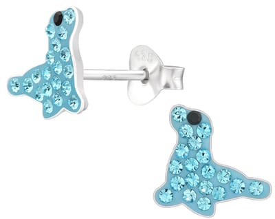 Joy|S - Zilveren zeehond oorbellen - 9 x 8 mm - blauw met blauwe kristalletjes - kinderoorbellen
