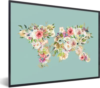 Poster in lijst - Fotolijst 40x30 cm - Posters - Wereldkaart - Bloemen - Pastel - Posterlijst zwart - Decoratie - Wanddecoratie woonkamer - Muurdecoratie slaapkamer