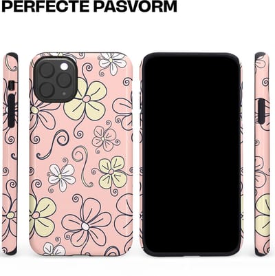 Casetastic hoesje geschikt voor Apple iPhone 11 Pro Max - Dubbellaagse bescherming - Pastel Perzik Doodle Peach Bloemen - Fashion Case - Zand Zilver Lichtroze