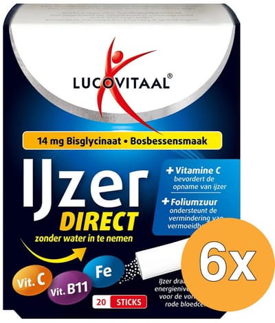 6x Lucovitaal IJzer Bisglycinaat Direct Bosbessensmaak (20 zakjes)