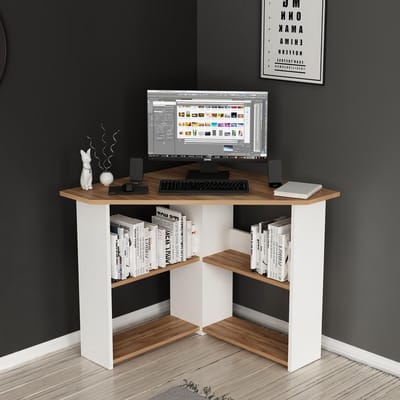 Hoekbureau Met Planken - L-Bureau Computerbureau - Thuiswerk Kantoor - Ruimtebesparend Ontwerp - 72 cm Hoog - Walnoot Wit
