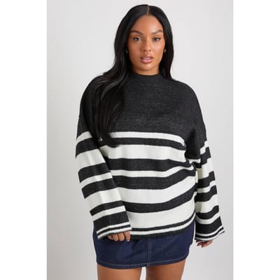 boohoo Dames Plus Mixed Stripe Oversized Jumper | Black | Maat: 16-18