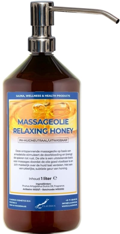 Massageolie Relaxing Honey 1 liter met zilveren pomp - 100% natuurlijk - biologisch en koud geperst