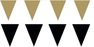 Feest versiering punt vlaggetjes pakket - 60 meter - goud en zwart - slingers / vlaggenlijnen - kunststof - buiten/binnen
