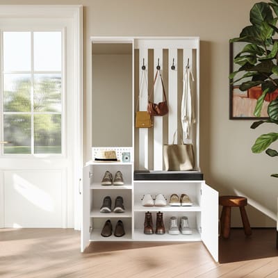 ROSAHQNDA Multifunctionele schoenenkast, halkastset met spiegel, haken en deuren, moderne garderobekast voor entree en hal, wit, 100×180×40cm