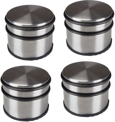 Perel Deurstopper vloer, set 4 stuks, roestvrij staal, 1,1 kg zwaar, zonder boren, antislip rubberen ring tegen krassen, rond zilvergrijs, Ø9x7,5cm, vrijstaand deurbuffer