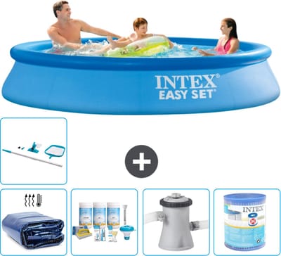 Intex Rond Opblaasbaar Easy Set Zwembad - 305 x 61 cm - Blauw - Inclusief Solarzeil - Onderhoudspakket - Zwembadfilterpomp - Filter - Schoonmaakset - 6-delig