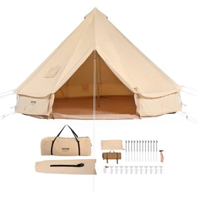 VEVOR Bell Tent 4 x 2,5 m Yurt Tent TC Katoen en stevige ijzeren stokken met een PVC grondzeil Campingtent 6-persoons familietent 8 ramen groepstent voor buitenavonturen