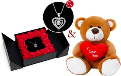 Bloemen & Teddybeer & Silverplated Hartjes Ketting | Ketting Dames |Sieradendoos | Vrouw | Vriendin | Moeder | Dochter | Verjaardag | Cadeau | Geschenkset Vrouwen | Juwelendoos | Rozenblaadjes | Geschenkdoos |