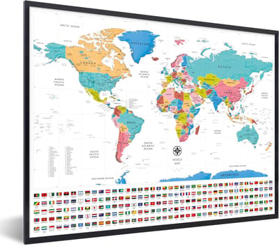 Poster in lijst - Fotolijst 80x60 cm - Posters - Wereldkaart - Kleuren - Vlag - Posterlijst zwart - Decoratie - Wanddecoratie woonkamer - Muurdecoratie slaapkamer