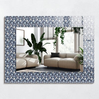 Wallfluent Spiegel - Blauw Bloemenpatroon Vierkante vorm Spiegel - 80x60 cm - Blauw op gehard Glas - Design Spiegel - Inloopkastspiegel - Badkamerspiegel - Toiletspiegel - Make-up Spiegel - Top Kwaliteit Spiegel - Eenvoudige installatie