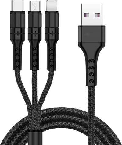 DrPhone MX2 Nylon Gevlochten - Gecertificeerde 3 in 1 Lightning/Micro USB/Type-C 2.4A Snelle USB Oplaadkabel – Zwart
