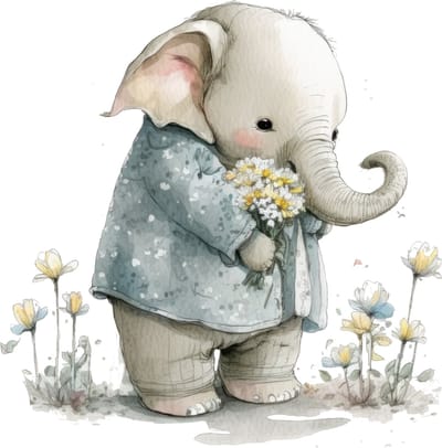 Poster olifantje met bloemen-posters-A4 formaat-watercolours spring-winter animals-dieren-kinderkamer accessoires-babykamer accessoires
