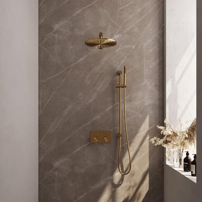 Brauer Gold Carving Thermostatische Regendoucheset Inbouw - Hoofddouche 30 cm - Rechte Wandarm - Met Drukknoppen - Handdouche Staaf - Doucheslang - Geintegreerde Glijstang - Geborsteld Goud