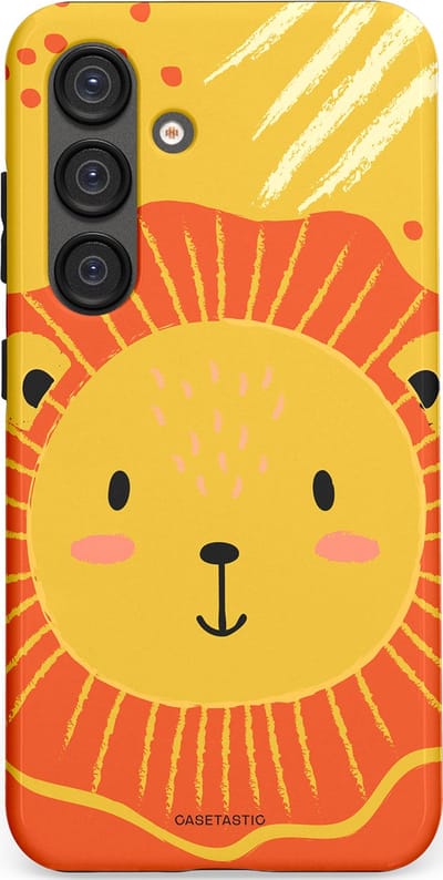 Casetastic hoesje geschikt voor Samsung Galaxy S25 - Dubbellaagse bescherming - Vrolijke leeuw - Fashion Case - Goud Rood Oranje