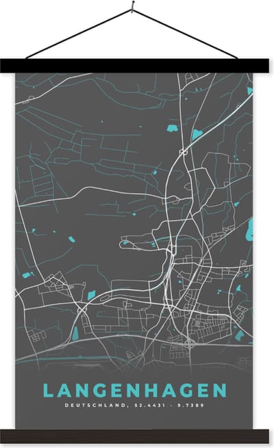 Posterhanger incl. Poster 40x60 cm - Schoolplaat - Stadskaart – Langenhagen – Duitsland – Plattegrond – Kaart - Textielposter - Zwarte latten - Stadskaart