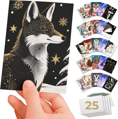 Inspra Studio – Luxe Kerstkaarten met Enveloppen – 25 Stuks – Dieren Wenskaarten Collectie – Mix van 5 Unieke Illustratiestijlen – Vos, Egel, Uil, Beer & Konijn