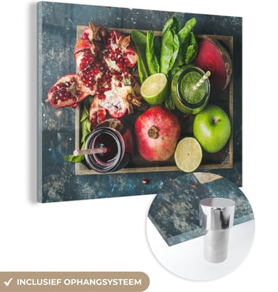 MuchoWow® Glasschilderij 120x90 cm - Schilderij acrylglas - Fruitkist - Fruit - Smoothie - Foto op glas - Schilderijen