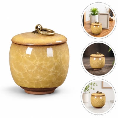 Keramische Gedenkurn - Mini urn van keramiek - Ljskraakpatroon - 70ml - Gedenkurn voor mens en huisdieren - Geel