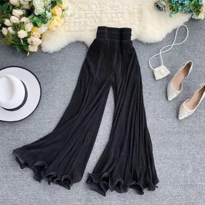 Pantalon d'été à jambes larges bord à volants pantalon évasé en queue de poisson taille élastique femmes maille pantalon transparent tempérament décontracté trajet plissé pantalon climatisé XL noir