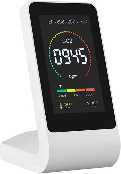 Luchtkwaliteitsmonitor - CO2-meter Vochtigheidssensor - Binnenlucht Kwaliteit - Real-time Kleurindicatie - 143x68x90 mm - Wit