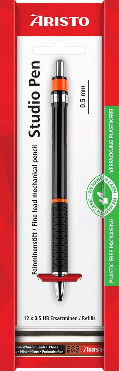 Aristo vulpotlood - Studio Art series - lijnbreedte 0.5mm - hardheid HB - met gum - blisterverpakking - zwart/oranje - AR-85704EB