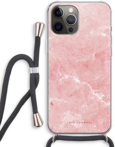 Case Company® - Hoesje met koord geschikt voor iPhone 12 Pro hoesje met Koord - Roze marmer - Telefoonhoesje met Zwart Koord - Bescherming aan alle Kanten en Over de Schermrand