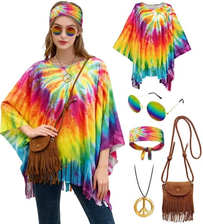 Dailygoods- Hippie Kostuum Dames - 70s Outfit - Tie Dye Poncho - Accessoires - Franje Tas - Retro Ketting