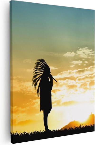 Artaza Canvas Schilderij Zonsondergang - 40x50 cm - Wanddecoratie Indianen - Muurdecoratie Silhouet - Kamer Accessoires Natuur