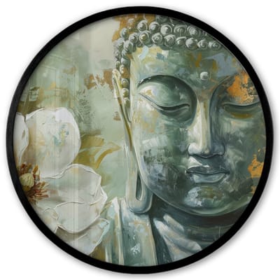 Poster in lijst Rond - Fotolijst 40x40 cm - Posters - Boeddha - Groen - Lotusbloem - Wit - Ronde posterlijst zwart - Decoratie - Wanddecoratie woonkamer - Muurdecoratie slaapkamer