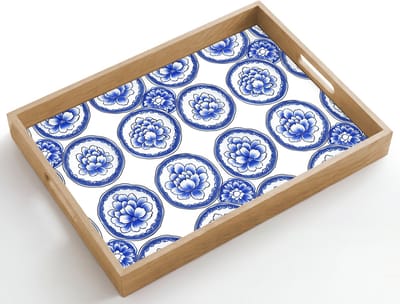 Dienblad hout 50x35 cm - Schootdienblad - Cirkels - Bloemen - Blauw - Borrelplank rechthoek - Plateau dienbladen