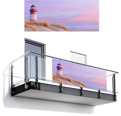 Balkonscherm 300x120 cm - Balkonposter Vuurtoren - Duinen - Zonsondergang - Balkon scherm decoratie - Balkonschermen - Balkondoek zonnescherm