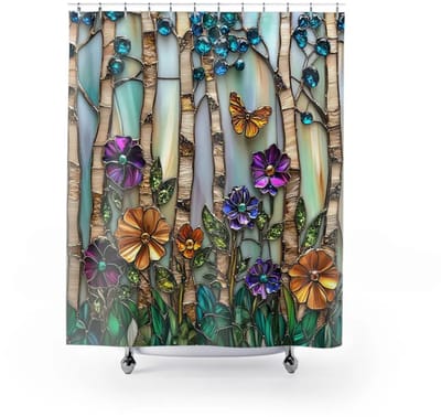 Floraweg Douchegordijn,Shower Curtain,badgordijn,badkamergordijn,Volledige printen,Bamboe met juwelen ,digitale printen -Anti Schimmel - Inclusief 12 ringen -met 12 stuks douchegordijnhaken – Waterdicht -Wasbaar- Polyester - 180x200 cm