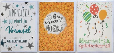 3 Wenskaarten - Gefeliciteerd met je Vormsel + Hartelijk Gefeliciteerd + Hiep Hiep Hoera - 12 x 17 cm – VORM-303