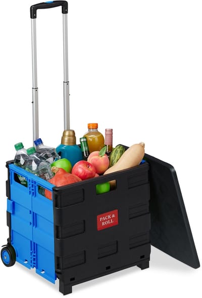 boodschappentrolley - inklapbaar - tot 35 kg - 50 l krat - telescopisch handvat - vouwkrat - 2 wielen - blauw-zwart