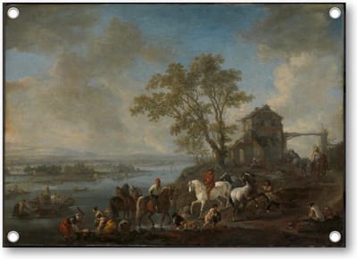 Paardenwed bij een rivier - Tuinposter 70x50 - Wanddecoratie - Philips Wouwerman - Meesterwerken