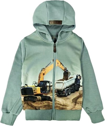 Kinder vest met graafmachine vrachtauto Kleur turquoise maat 98/104 sweatvest hoodie Heel mooi!