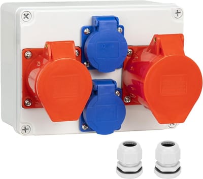 Wandmontage verdeeldoos met IP54 Schuko stopcontacten en 16A/32A CEE aansluiting, robuuste bouwverdeeldoos voor stroomdistributie en buitengebruik