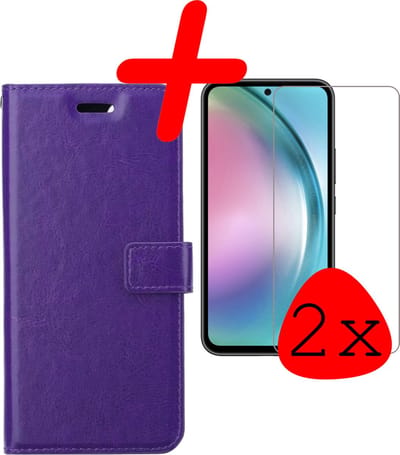 Hoesje Met 2x Screenprotector - Geschikt voor Samsung Galaxy A54 - Luxe Pasjeshouder - Bookcase Portemonee - Flip Case - Kunstleer Book Case - Flipcase Hoes - Book Cover - Walletcase - Portemonneehoes - Paars